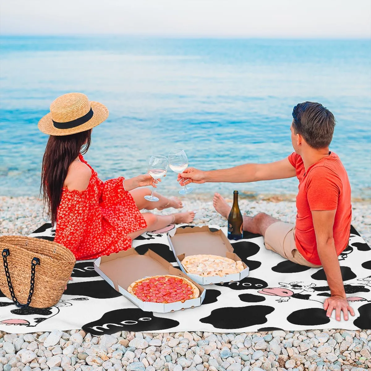 Beach Blanket, Cow Print Sandproof Beach Mat, Waterproof Quick Drying Sand Free Mat with 4 x Ground Spikes for Outdoor Travel Camping Hiking, Milk Cow Print 68 x 59 in