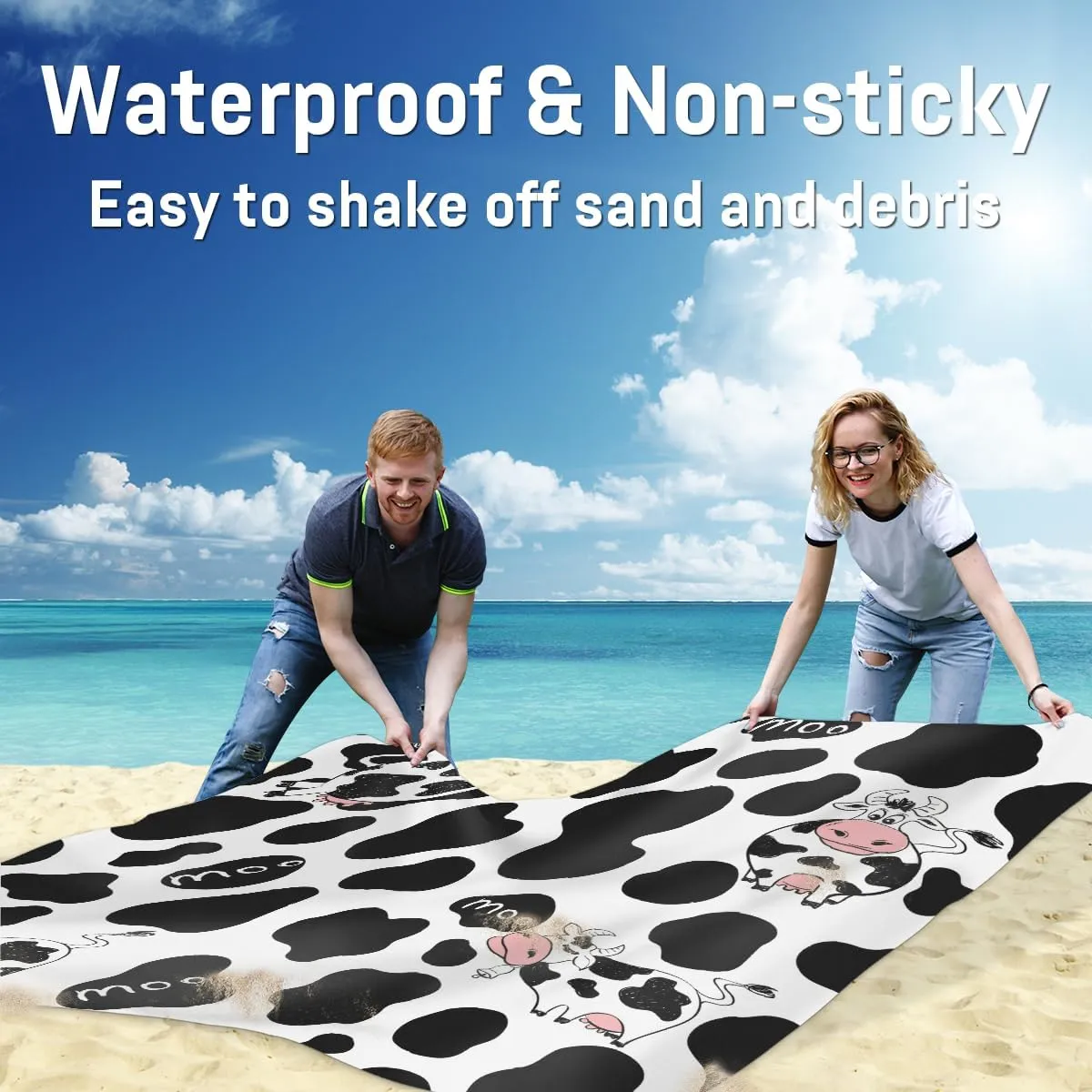 Beach Blanket, Cow Print Sandproof Beach Mat, Waterproof Quick Drying Sand Free Mat with 4 x Ground Spikes for Outdoor Travel Camping Hiking, Milk Cow Print 68 x 59 in
