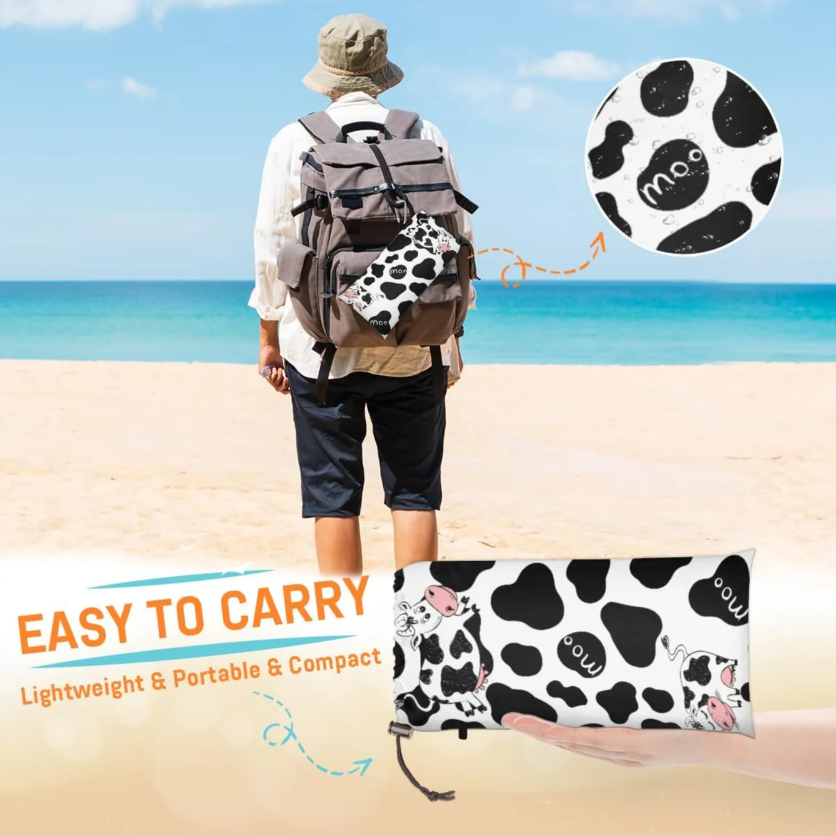 Beach Blanket, Cow Print Sandproof Beach Mat, Waterproof Quick Drying Sand Free Mat with 4 x Ground Spikes for Outdoor Travel Camping Hiking, Milk Cow Print 68 x 59 in