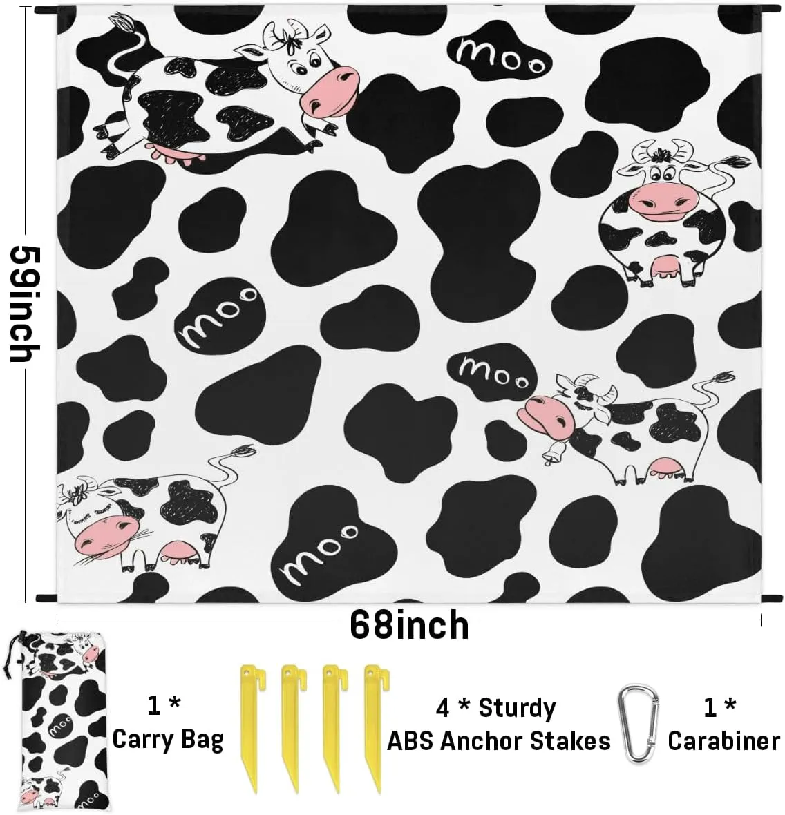 Beach Blanket, Cow Print Sandproof Beach Mat, Waterproof Quick Drying Sand Free Mat with 4 x Ground Spikes for Outdoor Travel Camping Hiking, Milk Cow Print 68 x 59 in