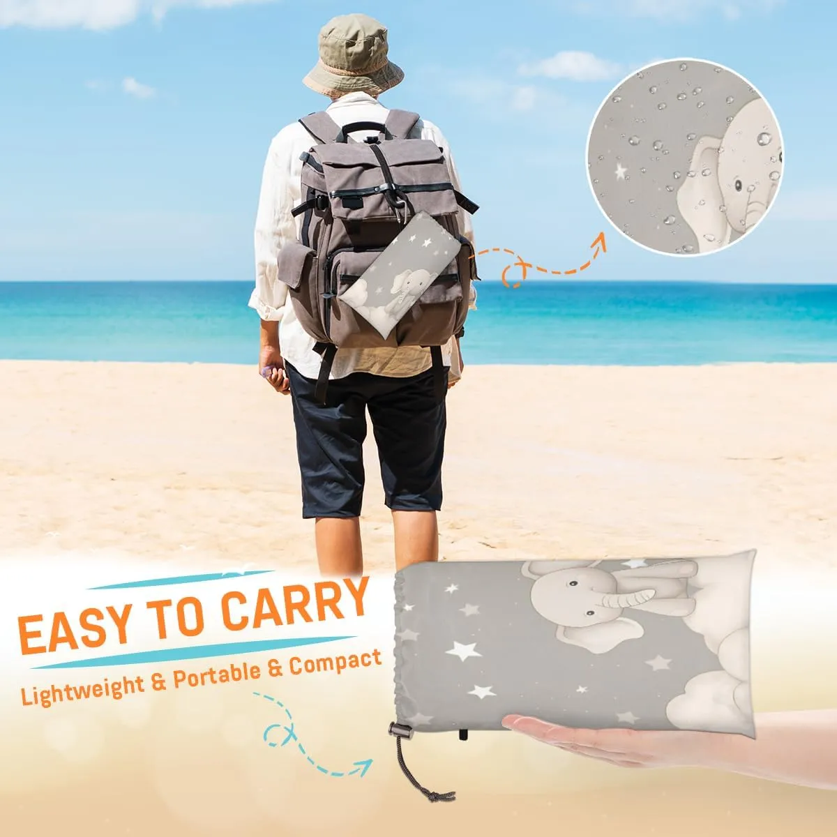 Beach Blanket, Cute Elephant Sandproof Beach Mat, Waterproof Quick Drying Sand Free Mat with 4 x Ground Spikes for Outdoor Travel Camping Hiking, Animals 68 x 59 in