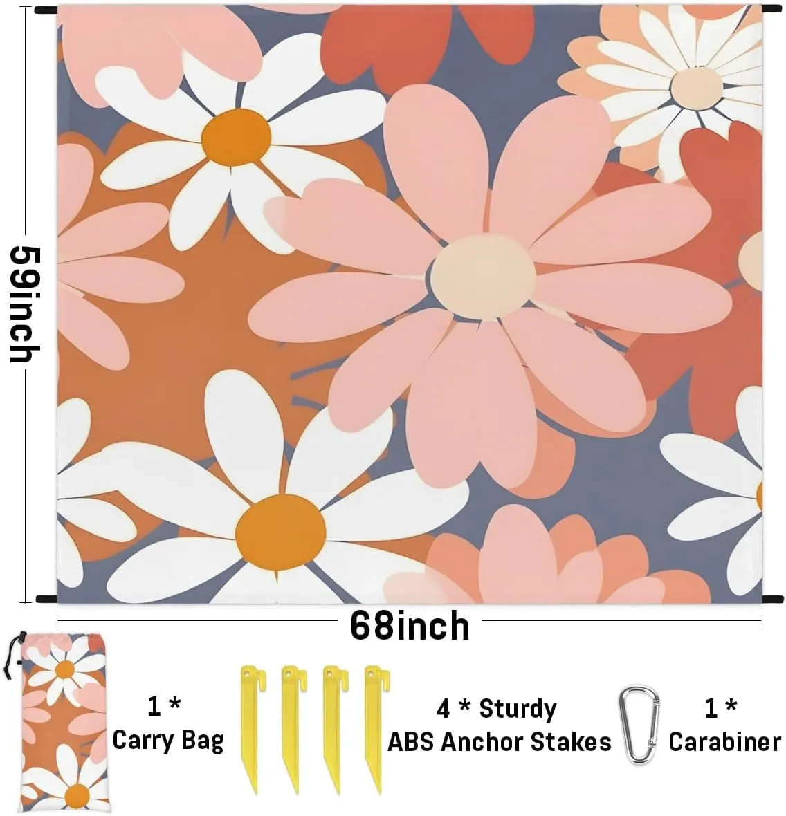 Beach Blanket, Cute Retro Flower Sandproof Beach Mat, Waterproof Quick Drying Sand Free Mat with 4 x Ground Spikes for Outdoor Travel Camping Hiking, Vintage Groovy Daisy Boho 68 x 59 in