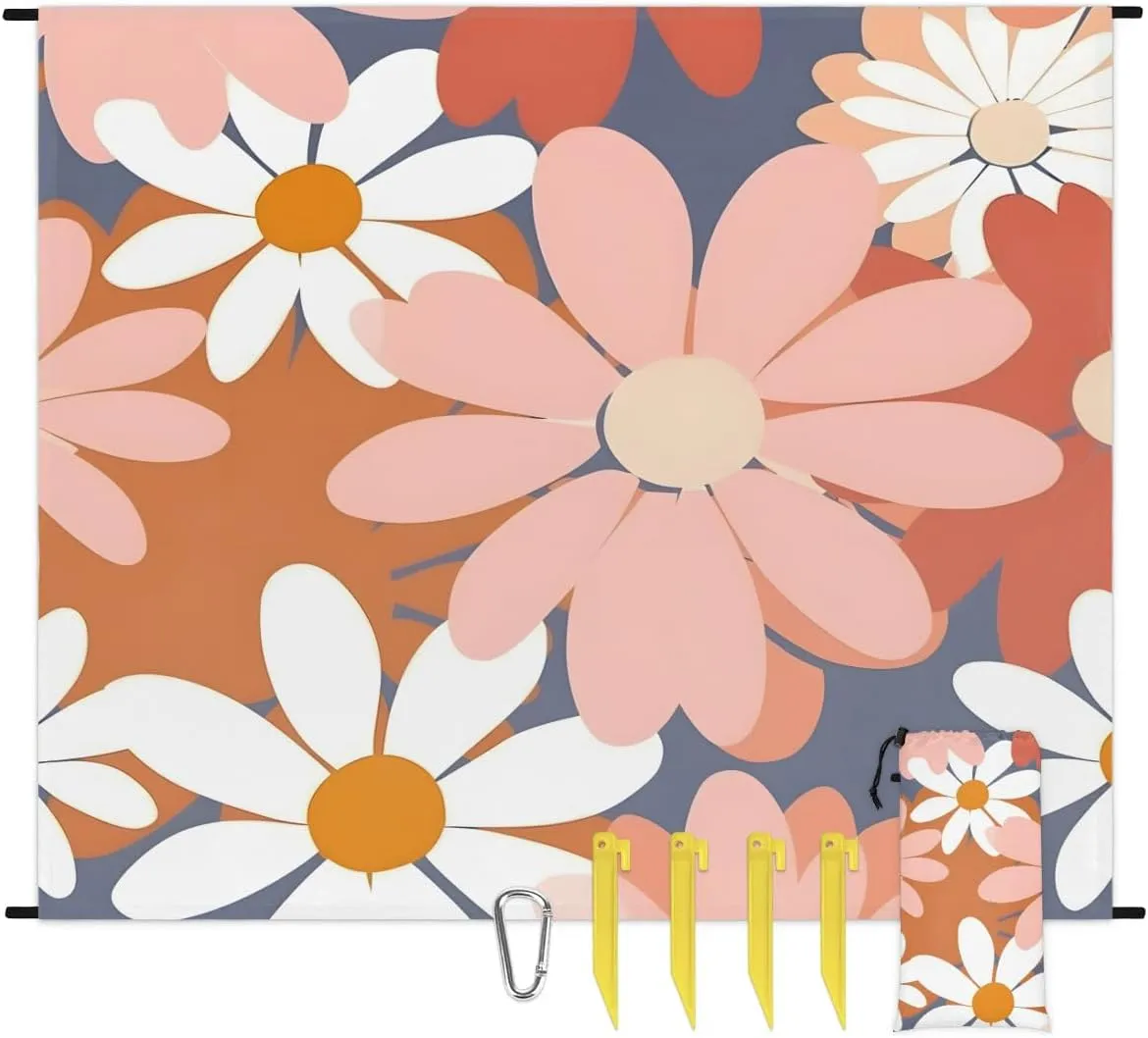 Beach Blanket, Cute Retro Flower Sandproof Beach Mat, Waterproof Quick Drying Sand Free Mat with 4 x Ground Spikes for Outdoor Travel Camping Hiking, Vintage Groovy Daisy Boho 68 x 59 in
