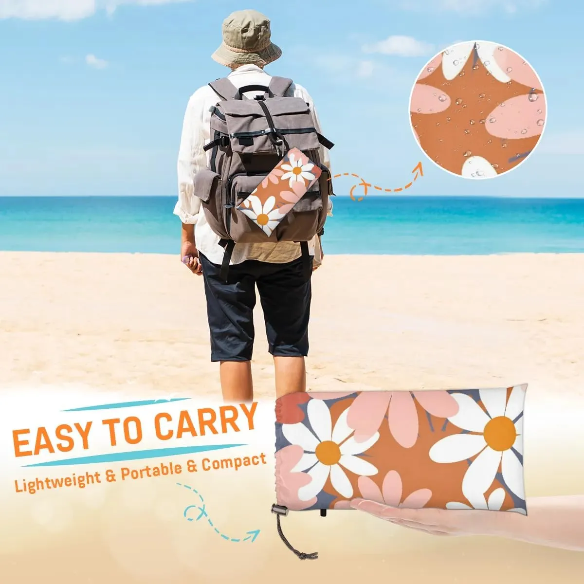 Beach Blanket, Cute Retro Flower Sandproof Beach Mat, Waterproof Quick Drying Sand Free Mat with 4 x Ground Spikes for Outdoor Travel Camping Hiking, Vintage Groovy Daisy Boho 68 x 59 in