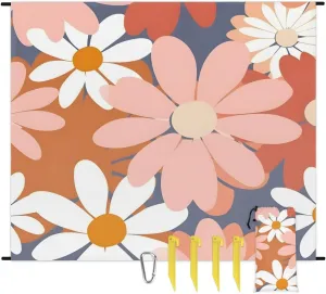 Beach Blanket, Cute Retro Flower Sandproof Beach Mat, Waterproof Quick Drying Sand Free Mat with 4 x Ground Spikes for Outdoor Travel Camping Hiking, Vintage Groovy Daisy Boho 68 x 59 in