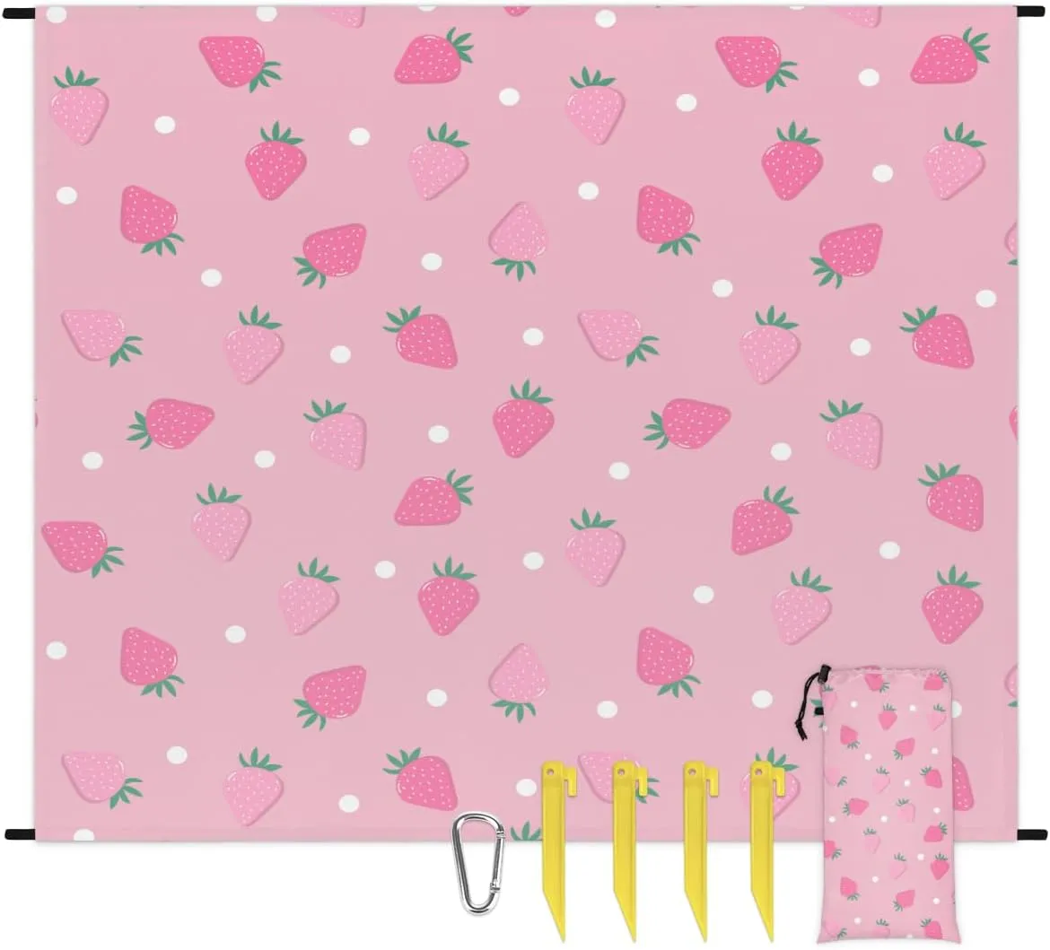 Beach Blanket, Cute Strawberry Sandproof Beach Mat, Waterproof Quick Drying Sand Free Mat with 4 x Ground Spikes for Outdoor Travel Camping Hiking, Summer Fruit 68 x 59 in