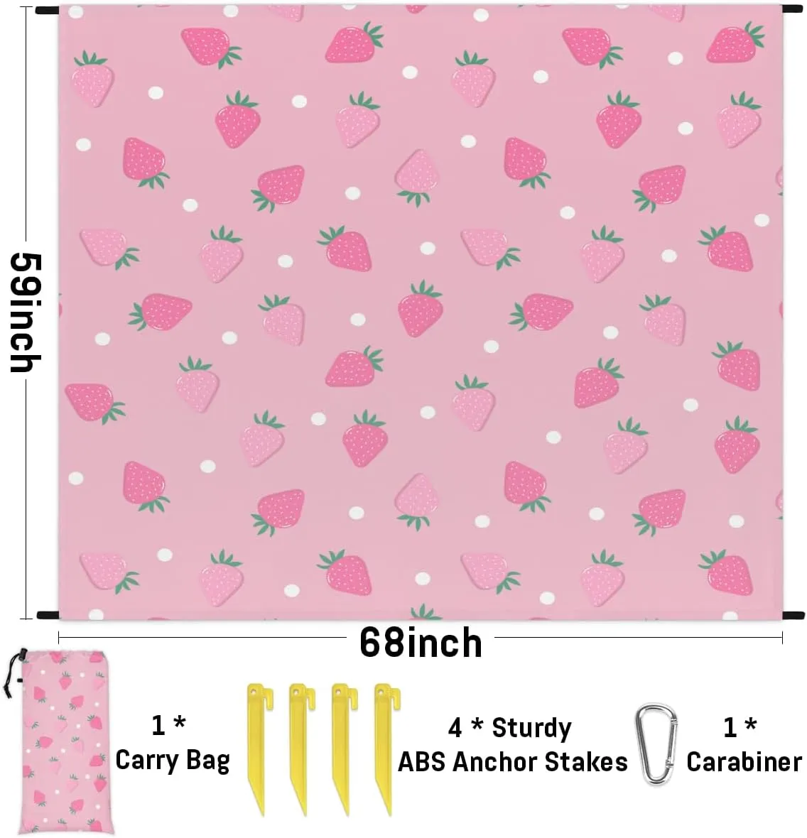 Beach Blanket, Cute Strawberry Sandproof Beach Mat, Waterproof Quick Drying Sand Free Mat with 4 x Ground Spikes for Outdoor Travel Camping Hiking, Summer Fruit 68 x 59 in