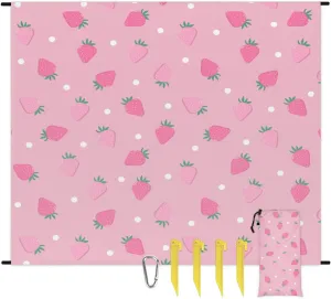 Beach Blanket, Cute Strawberry Sandproof Beach Mat, Waterproof Quick Drying Sand Free Mat with 4 x Ground Spikes for Outdoor Travel Camping Hiking, Summer Fruit 68 x 59 in