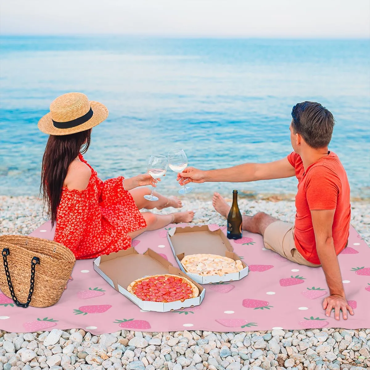Beach Blanket, Cute Strawberry Sandproof Beach Mat, Waterproof Quick Drying Sand Free Mat with 4 x Ground Spikes for Outdoor Travel Camping Hiking, Summer Fruit 68 x 59 in