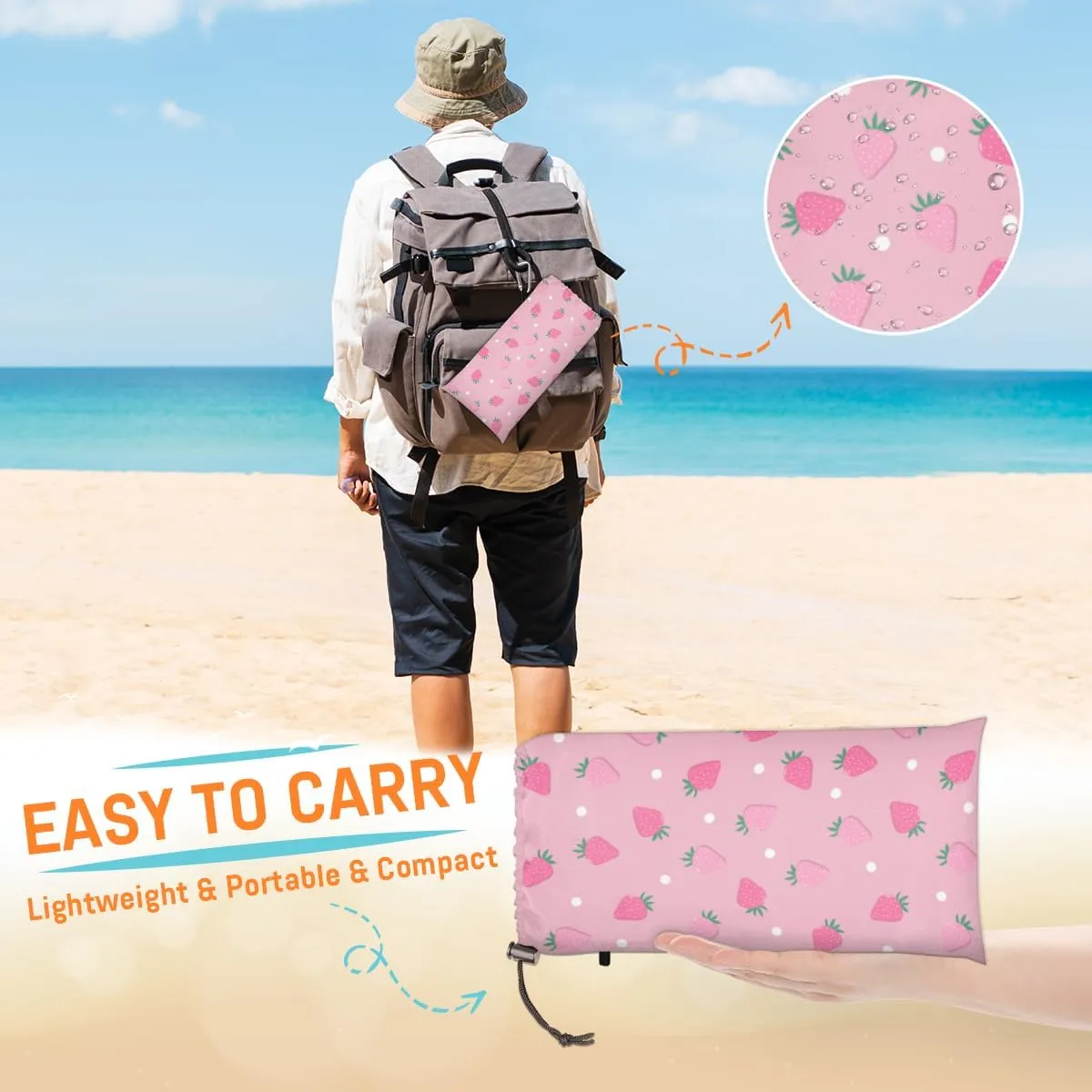 Beach Blanket, Cute Strawberry Sandproof Beach Mat, Waterproof Quick Drying Sand Free Mat with 4 x Ground Spikes for Outdoor Travel Camping Hiking, Summer Fruit 68 x 59 in