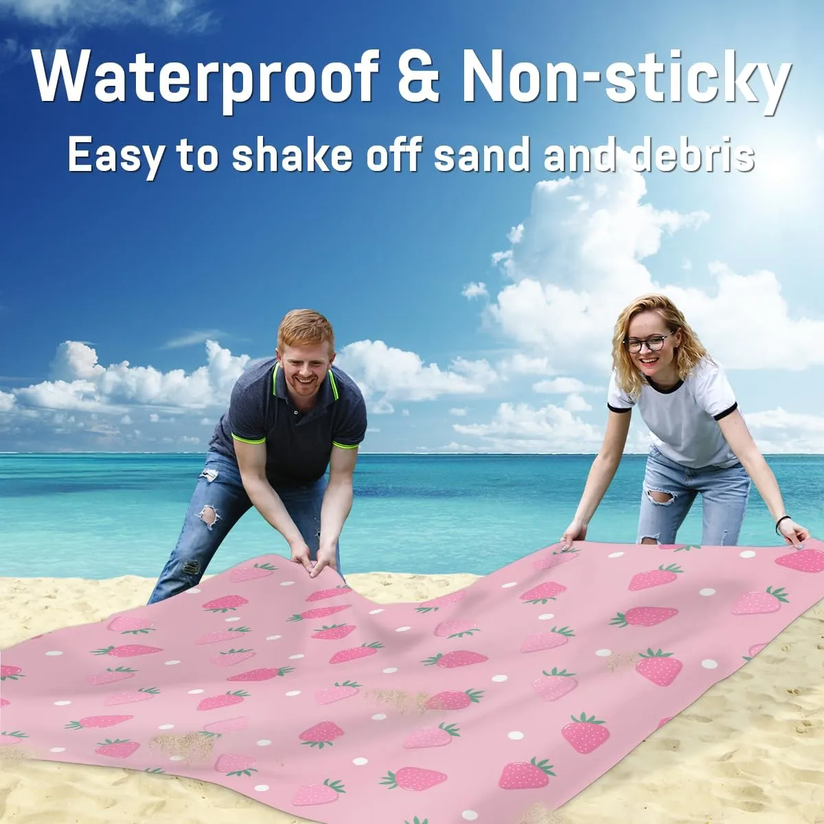 Beach Blanket, Cute Strawberry Sandproof Beach Mat, Waterproof Quick Drying Sand Free Mat with 4 x Ground Spikes for Outdoor Travel Camping Hiking, Summer Fruit 68 x 59 in