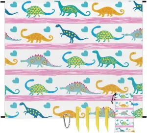 Beach Blanket, Dinosaur Sandproof Beach Mat, Waterproof Quick Drying Sand Free Mat with 4 x Ground Spikes for Outdoor Travel Camping Hiking, Cute Print 68 x 59 in