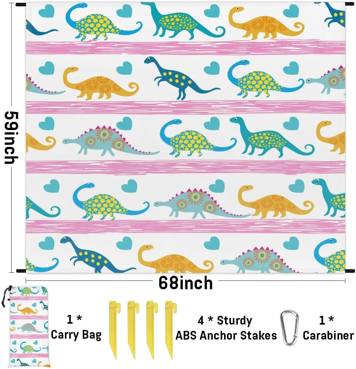 Beach Blanket, Dinosaur Sandproof Beach Mat, Waterproof Quick Drying Sand Free Mat with 4 x Ground Spikes for Outdoor Travel Camping Hiking, Cute Print 68 x 59 in