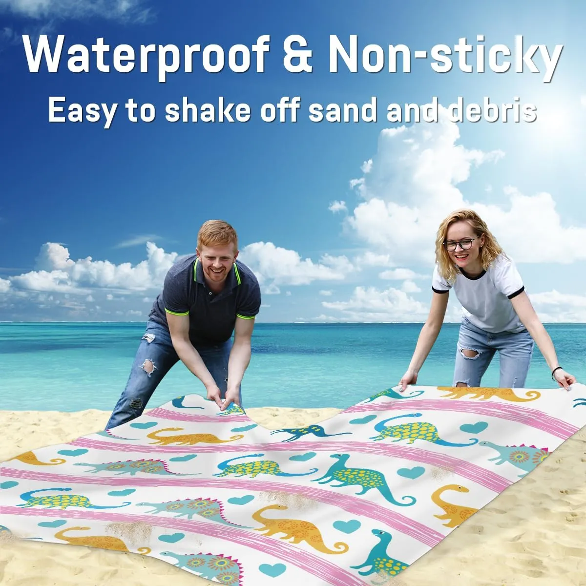 Beach Blanket, Dinosaur Sandproof Beach Mat, Waterproof Quick Drying Sand Free Mat with 4 x Ground Spikes for Outdoor Travel Camping Hiking, Cute Print 68 x 59 in