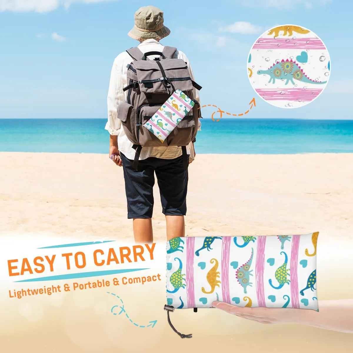 Beach Blanket, Dinosaur Sandproof Beach Mat, Waterproof Quick Drying Sand Free Mat with 4 x Ground Spikes for Outdoor Travel Camping Hiking, Cute Print 68 x 59 in