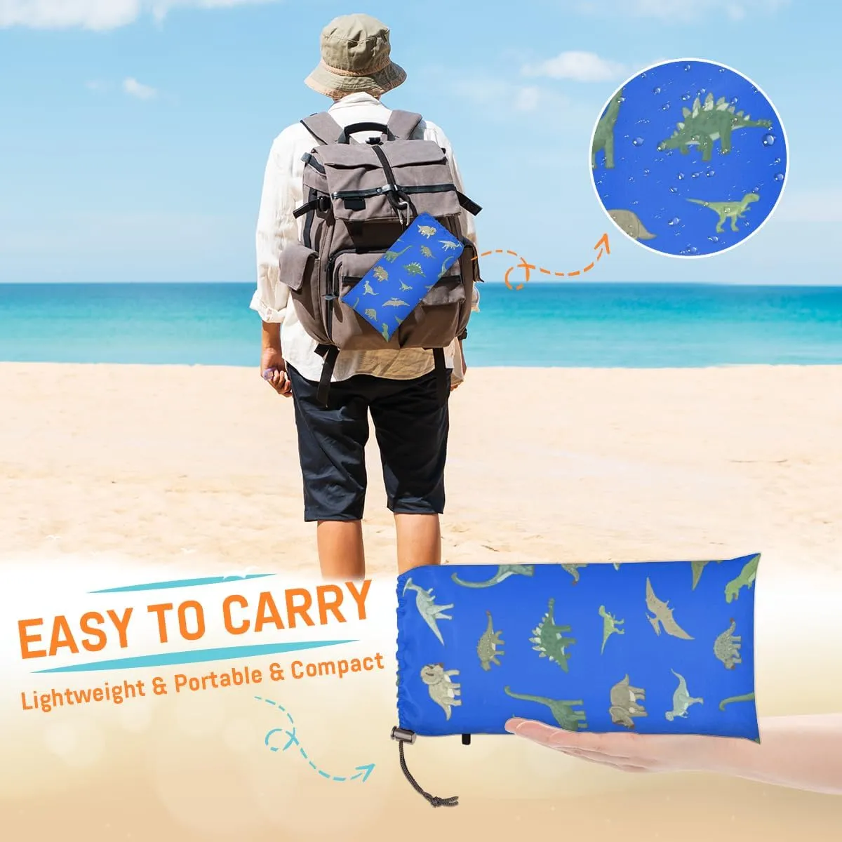 Beach Blanket, Dinosaur Sandproof Beach Mat, Waterproof Quick Drying Sand Free Mat with 4 x Ground Spikes for Outdoor Travel Camping Hiking, Dinosaur Themed 68 x 59 in