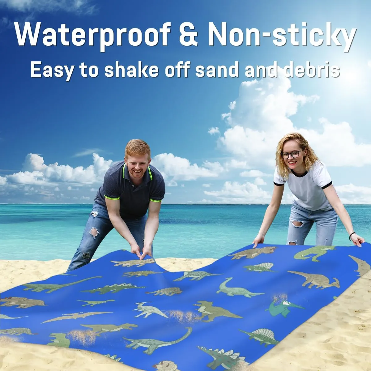Beach Blanket, Dinosaur Sandproof Beach Mat, Waterproof Quick Drying Sand Free Mat with 4 x Ground Spikes for Outdoor Travel Camping Hiking, Dinosaur Themed 68 x 59 in