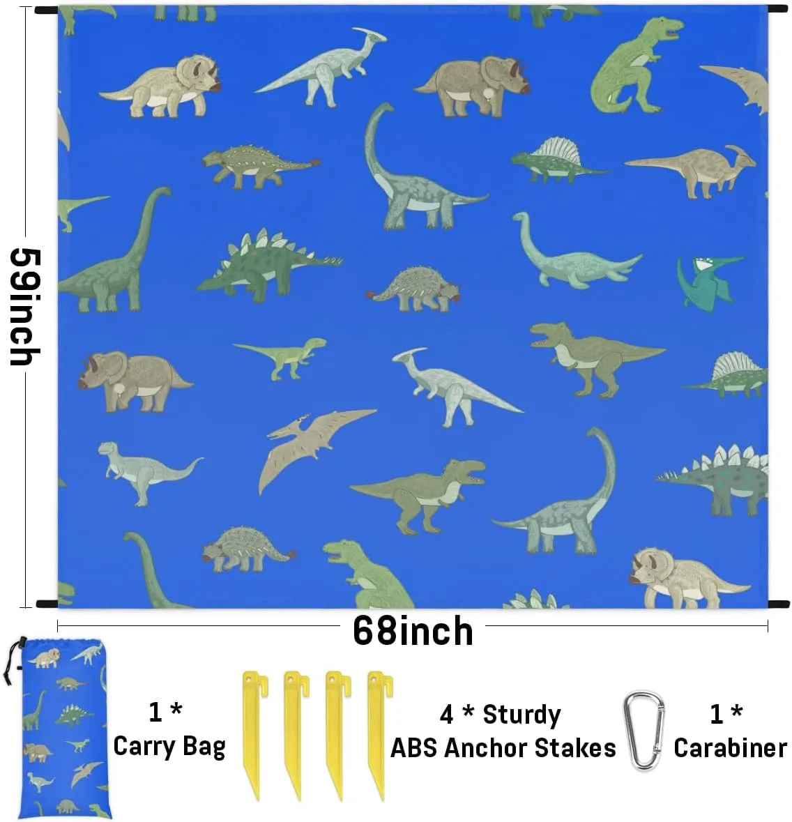 Beach Blanket, Dinosaur Sandproof Beach Mat, Waterproof Quick Drying Sand Free Mat with 4 x Ground Spikes for Outdoor Travel Camping Hiking, Dinosaur Themed 68 x 59 in