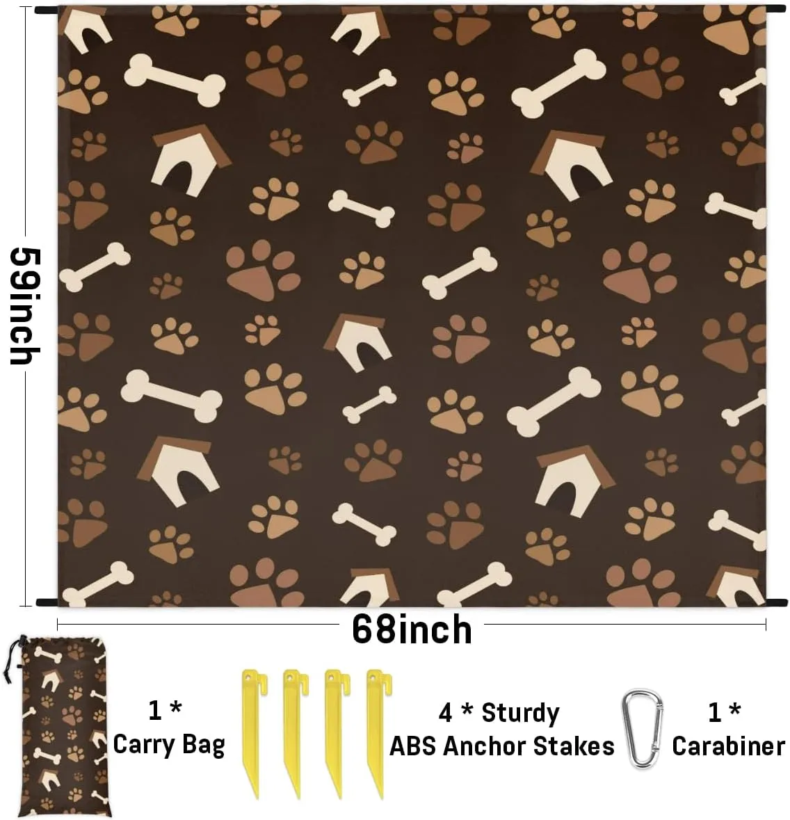 Beach Blanket, Dog Paw Print Sandproof Beach Mat, Waterproof Quick Drying Sand Free Mat with 4 x Ground Spikes for Outdoor Travel Camping Hiking, Footprint with Bones 68 x 59 in