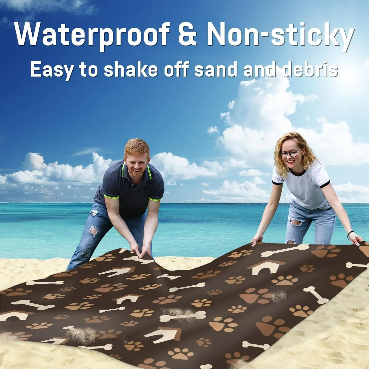 Beach Blanket, Dog Paw Print Sandproof Beach Mat, Waterproof Quick Drying Sand Free Mat with 4 x Ground Spikes for Outdoor Travel Camping Hiking, Footprint with Bones 68 x 59 in