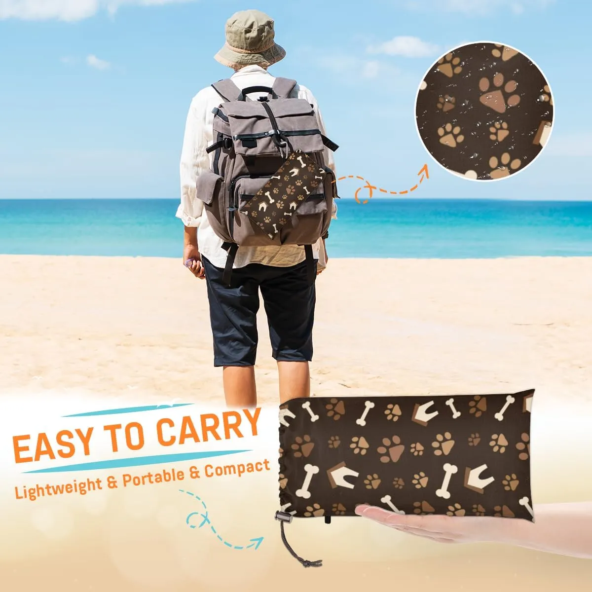 Beach Blanket, Dog Paw Print Sandproof Beach Mat, Waterproof Quick Drying Sand Free Mat with 4 x Ground Spikes for Outdoor Travel Camping Hiking, Footprint with Bones 68 x 59 in