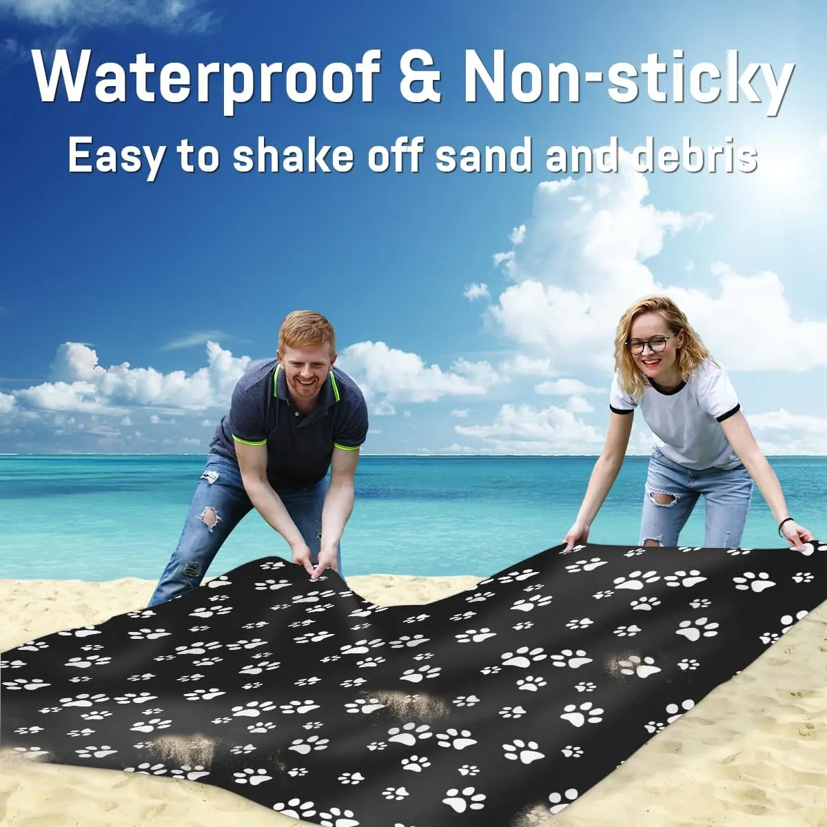 Beach Blanket, Dog Paw Print Sandproof Beach Mat, Waterproof Quick Drying Sand Free Mat with 4 x Ground Spikes for Outdoor Travel Camping Hiking, Paw Print 68 x 59 in