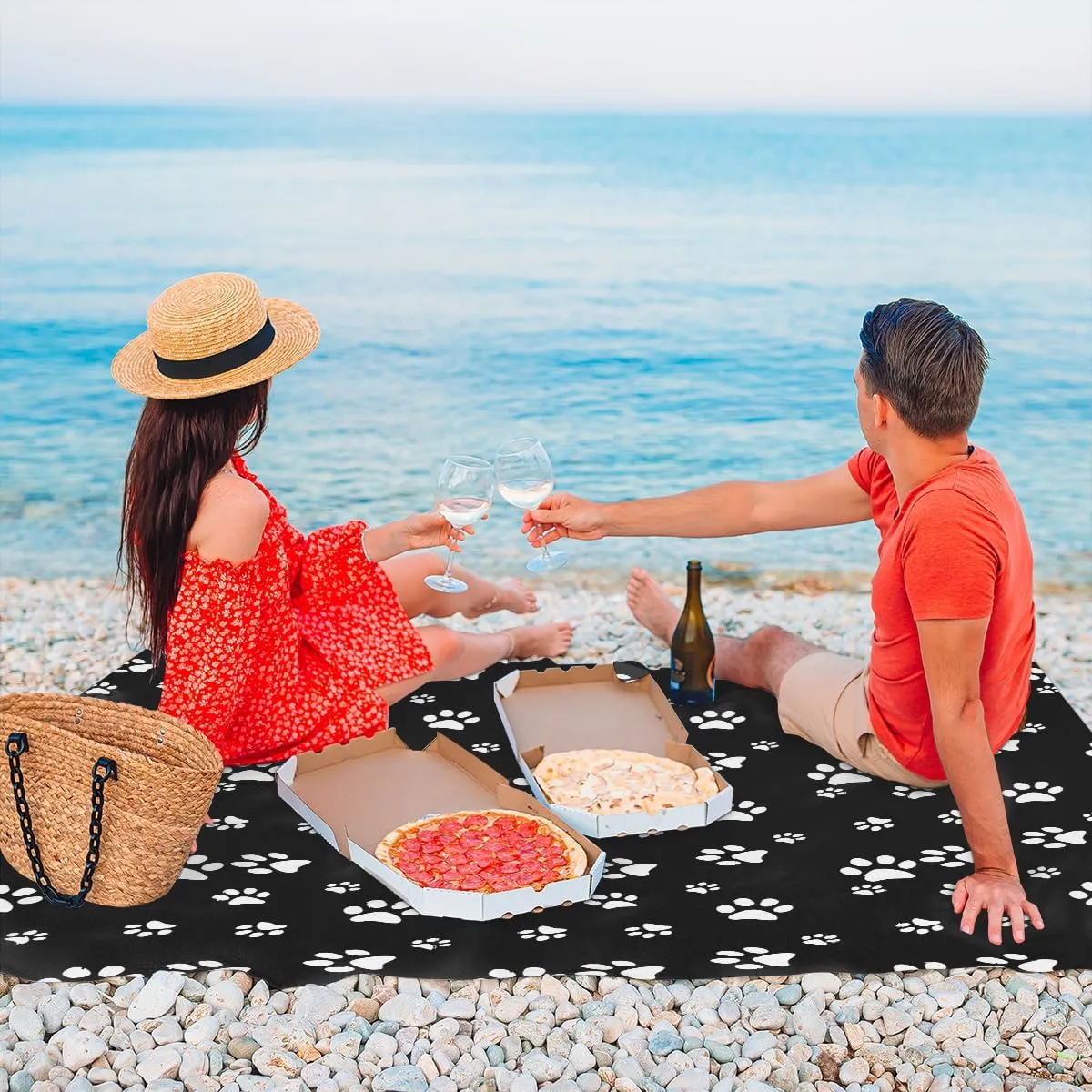 Beach Blanket, Dog Paw Print Sandproof Beach Mat, Waterproof Quick Drying Sand Free Mat with 4 x Ground Spikes for Outdoor Travel Camping Hiking, Paw Print 68 x 59 in