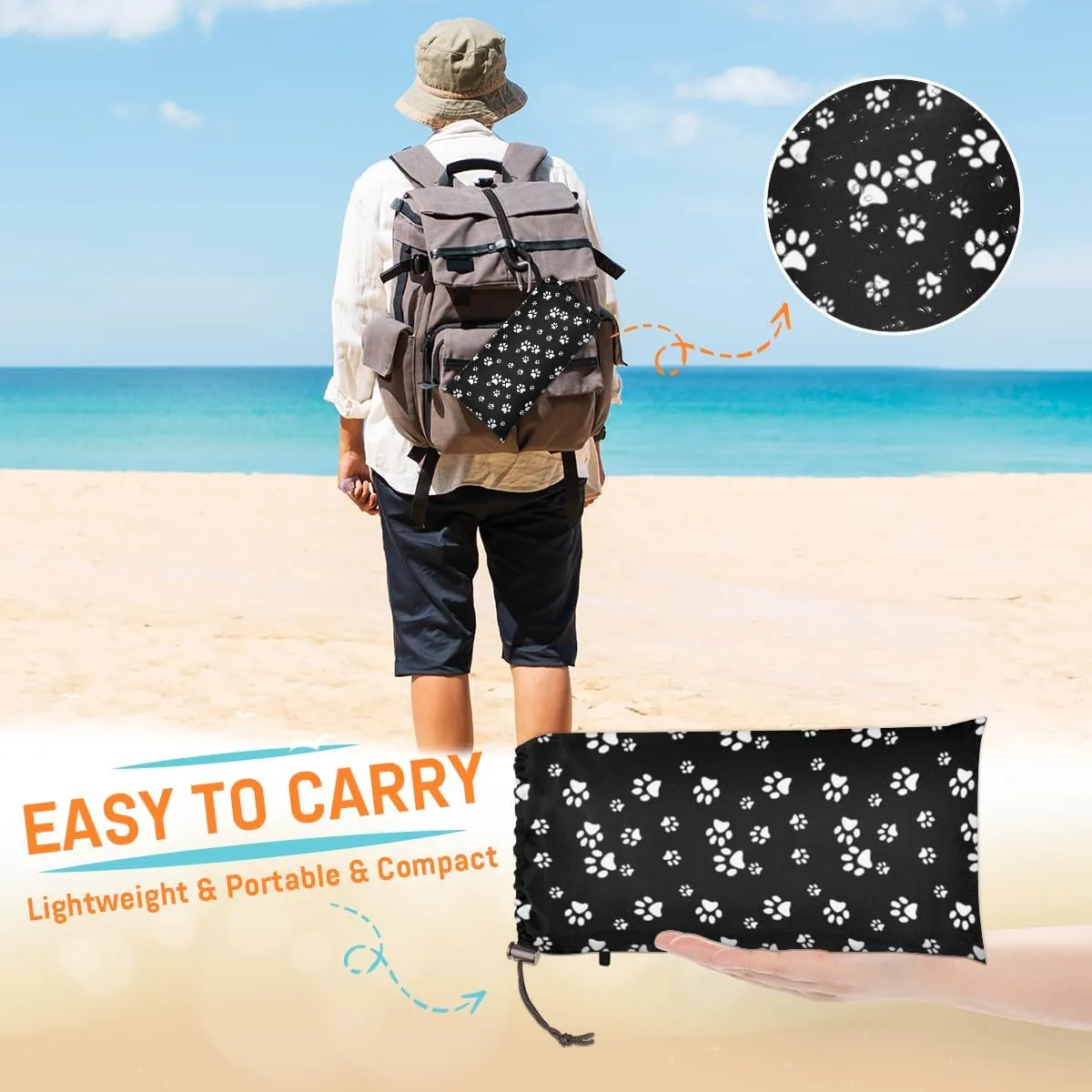 Beach Blanket, Dog Paw Print Sandproof Beach Mat, Waterproof Quick Drying Sand Free Mat with 4 x Ground Spikes for Outdoor Travel Camping Hiking, Paw Print 68 x 59 in