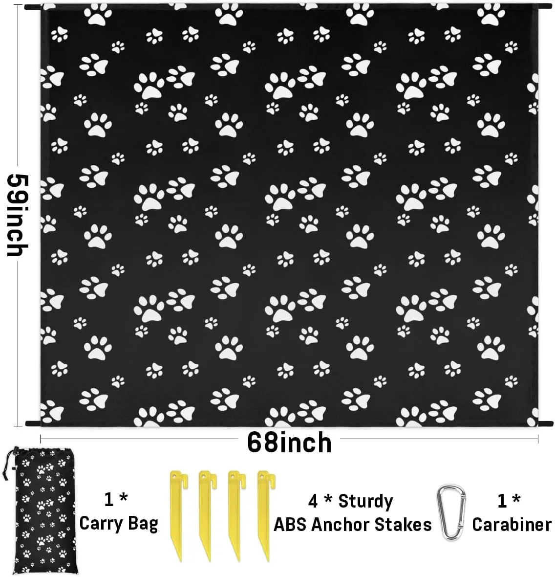 Beach Blanket, Dog Paw Print Sandproof Beach Mat, Waterproof Quick Drying Sand Free Mat with 4 x Ground Spikes for Outdoor Travel Camping Hiking, Paw Print 68 x 59 in