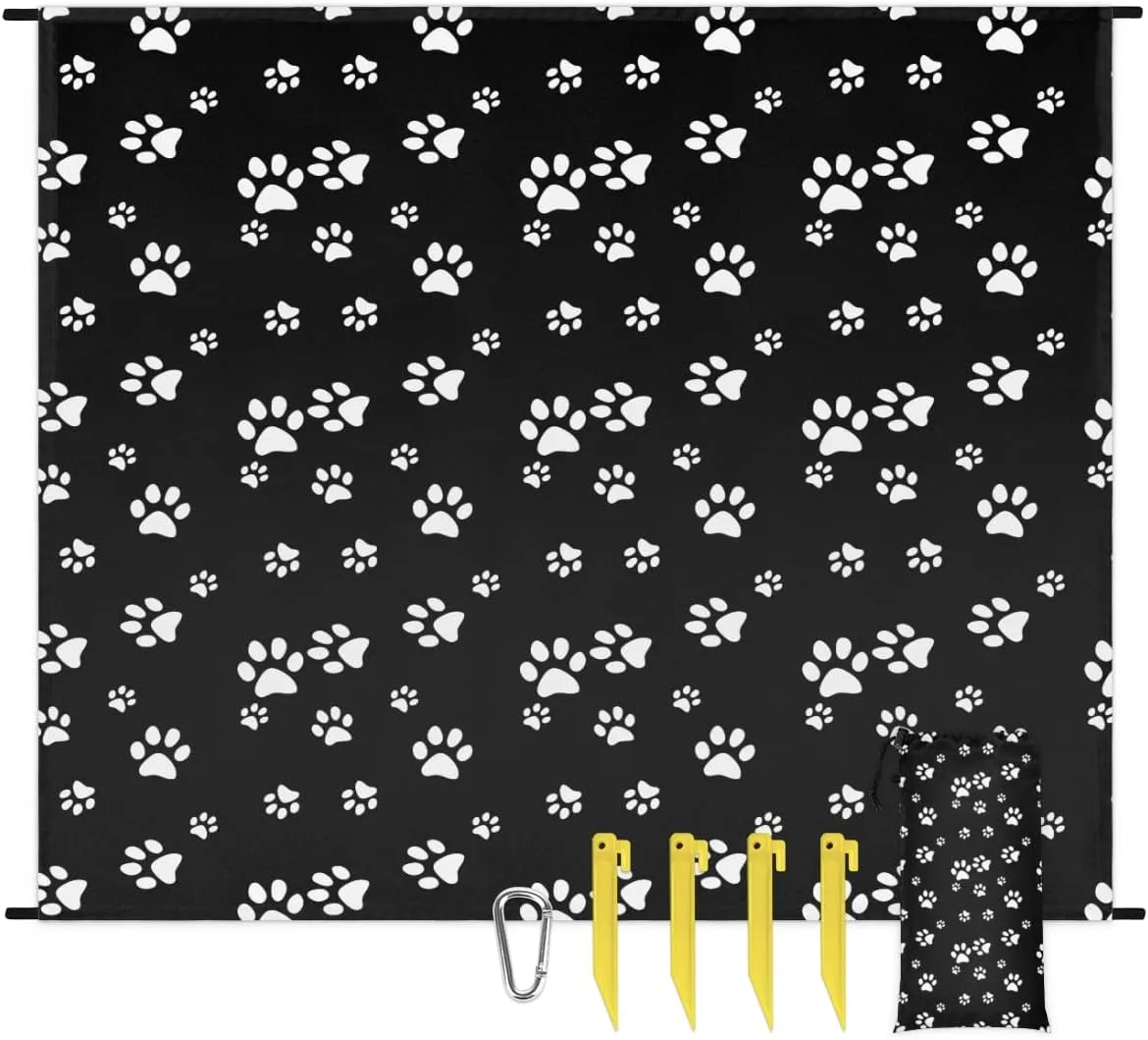 Beach Blanket, Dog Paw Print Sandproof Beach Mat, Waterproof Quick Drying Sand Free Mat with 4 x Ground Spikes for Outdoor Travel Camping Hiking, Paw Print 68 x 59 in