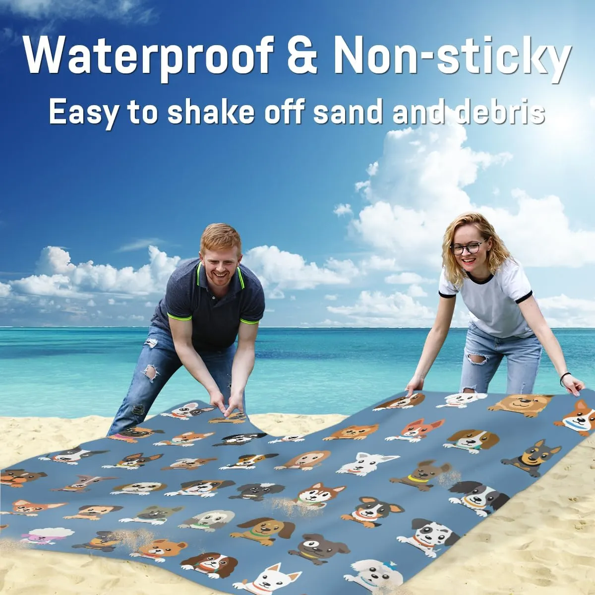 Beach Blanket, Dog Print Sandproof Beach Mat, Waterproof Quick Drying Sand Free Mat with 4 x Ground Spikes for Outdoor Travel Camping Hiking, Cute Dog 68 x 59 in