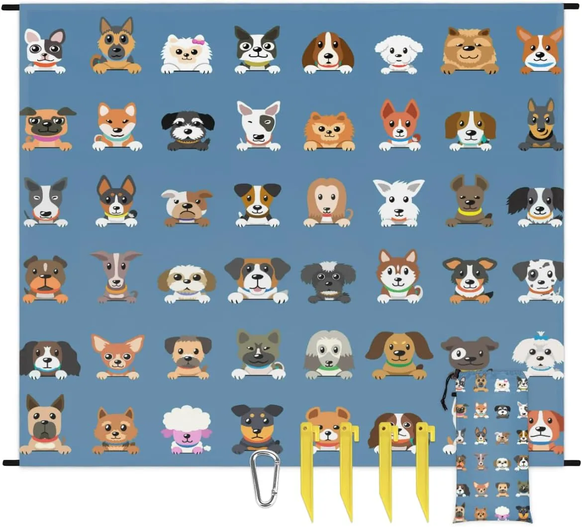 Beach Blanket, Dog Print Sandproof Beach Mat, Waterproof Quick Drying Sand Free Mat with 4 x Ground Spikes for Outdoor Travel Camping Hiking, Cute Dog 68 x 59 in