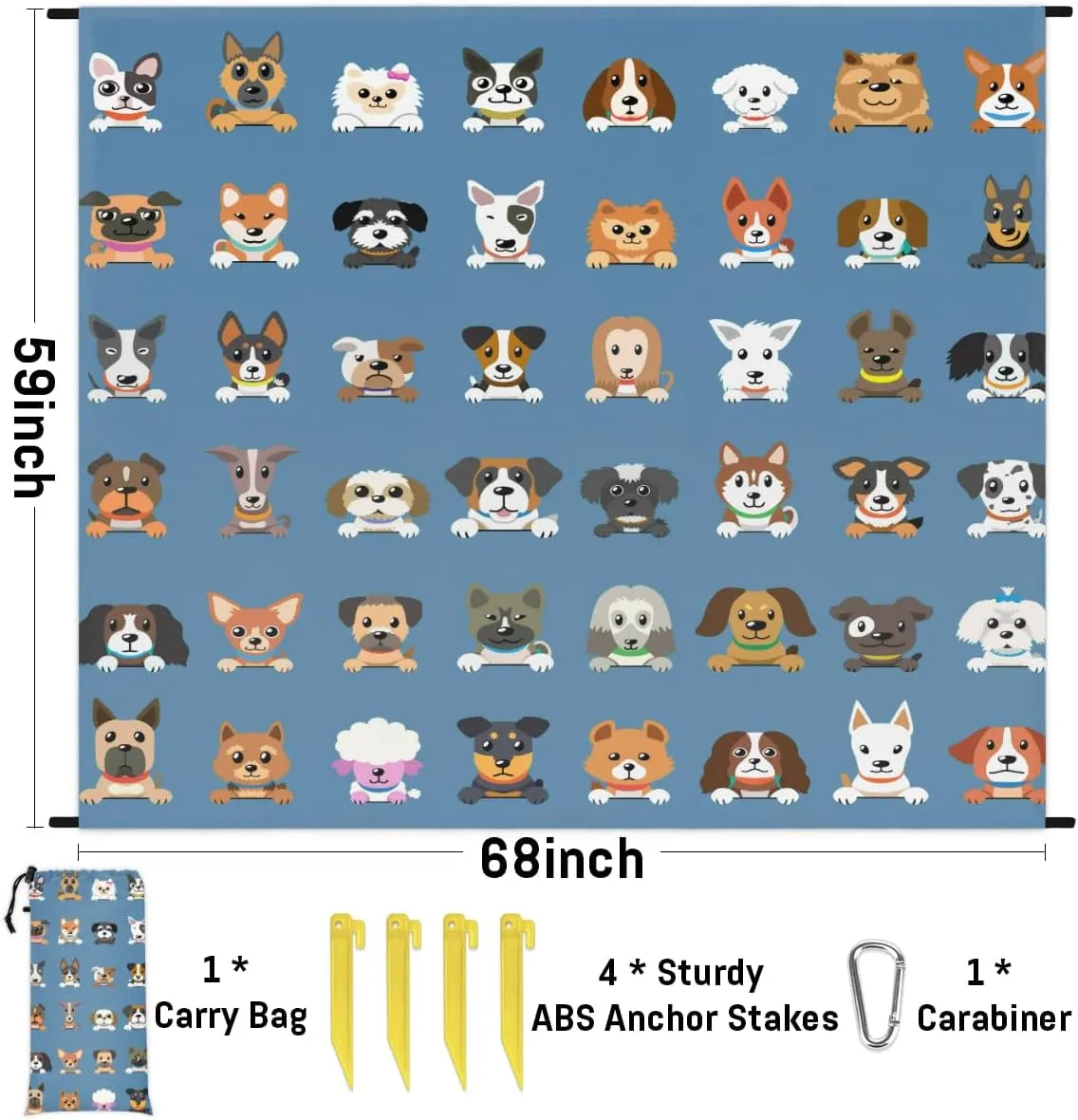 Beach Blanket, Dog Print Sandproof Beach Mat, Waterproof Quick Drying Sand Free Mat with 4 x Ground Spikes for Outdoor Travel Camping Hiking, Cute Dog 68 x 59 in