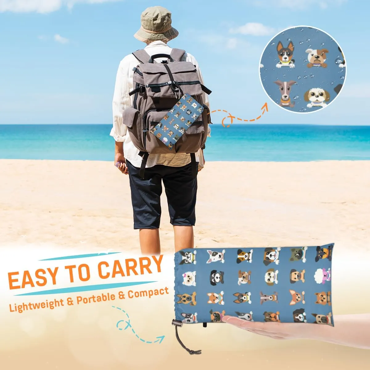 Beach Blanket, Dog Print Sandproof Beach Mat, Waterproof Quick Drying Sand Free Mat with 4 x Ground Spikes for Outdoor Travel Camping Hiking, Cute Dog 68 x 59 in