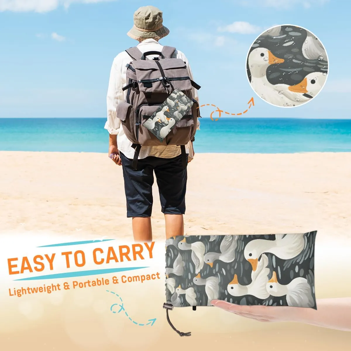 Beach Blanket, Duck Sandproof Beach Mat, Waterproof Quick Drying Sand Free Mat with 4 x Ground Spikes for Outdoor Travel Camping Hiking, Farmhouse Duck 68 x 59 in