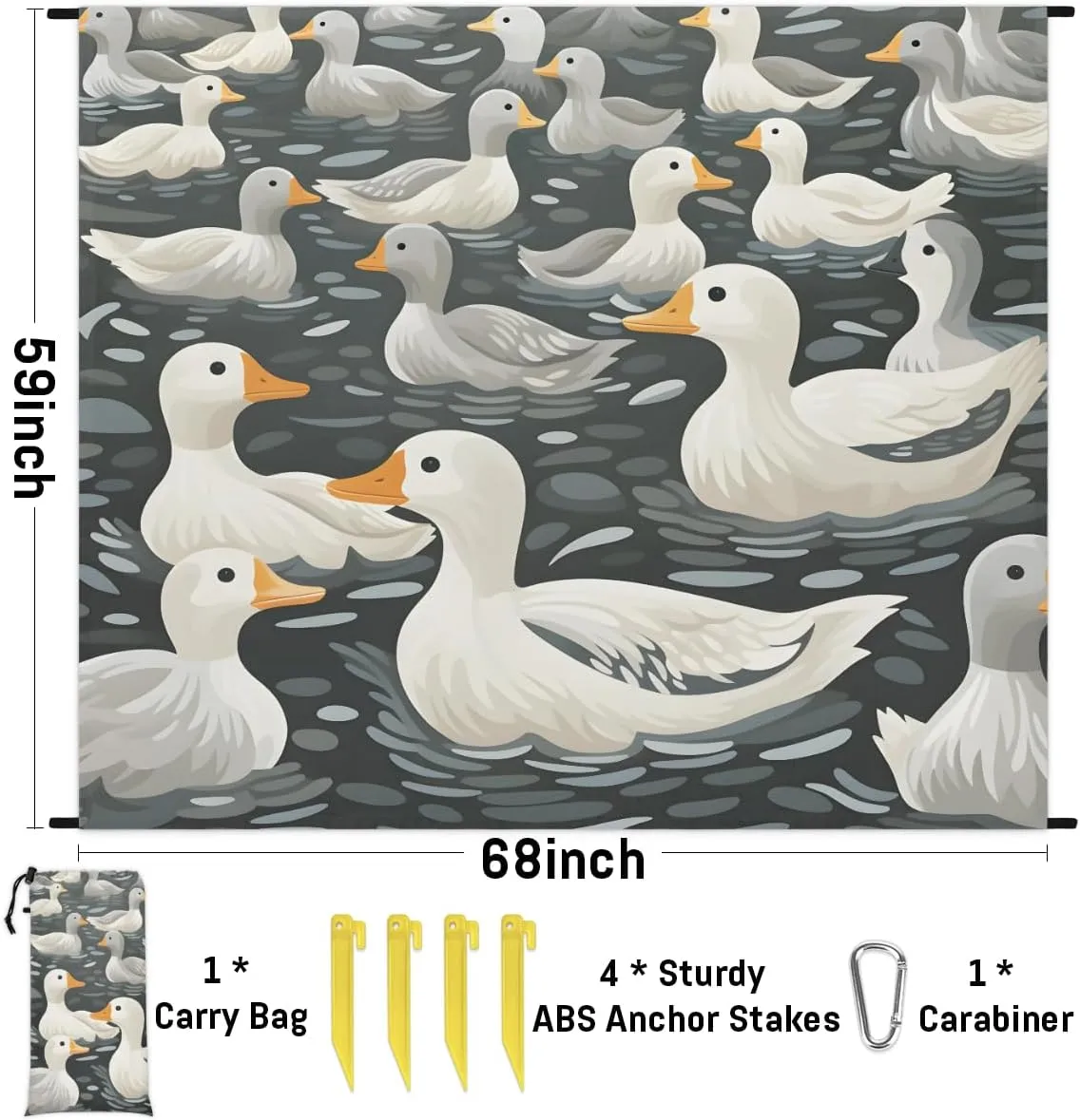 Beach Blanket, Duck Sandproof Beach Mat, Waterproof Quick Drying Sand Free Mat with 4 x Ground Spikes for Outdoor Travel Camping Hiking, Farmhouse Duck 68 x 59 in