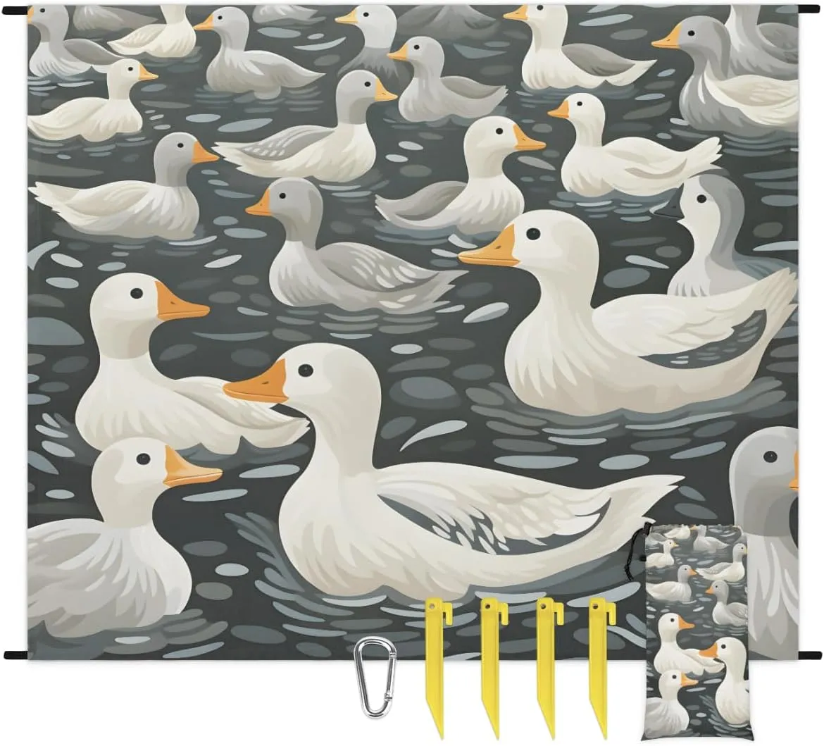 Beach Blanket, Duck Sandproof Beach Mat, Waterproof Quick Drying Sand Free Mat with 4 x Ground Spikes for Outdoor Travel Camping Hiking, Farmhouse Duck 68 x 59 in