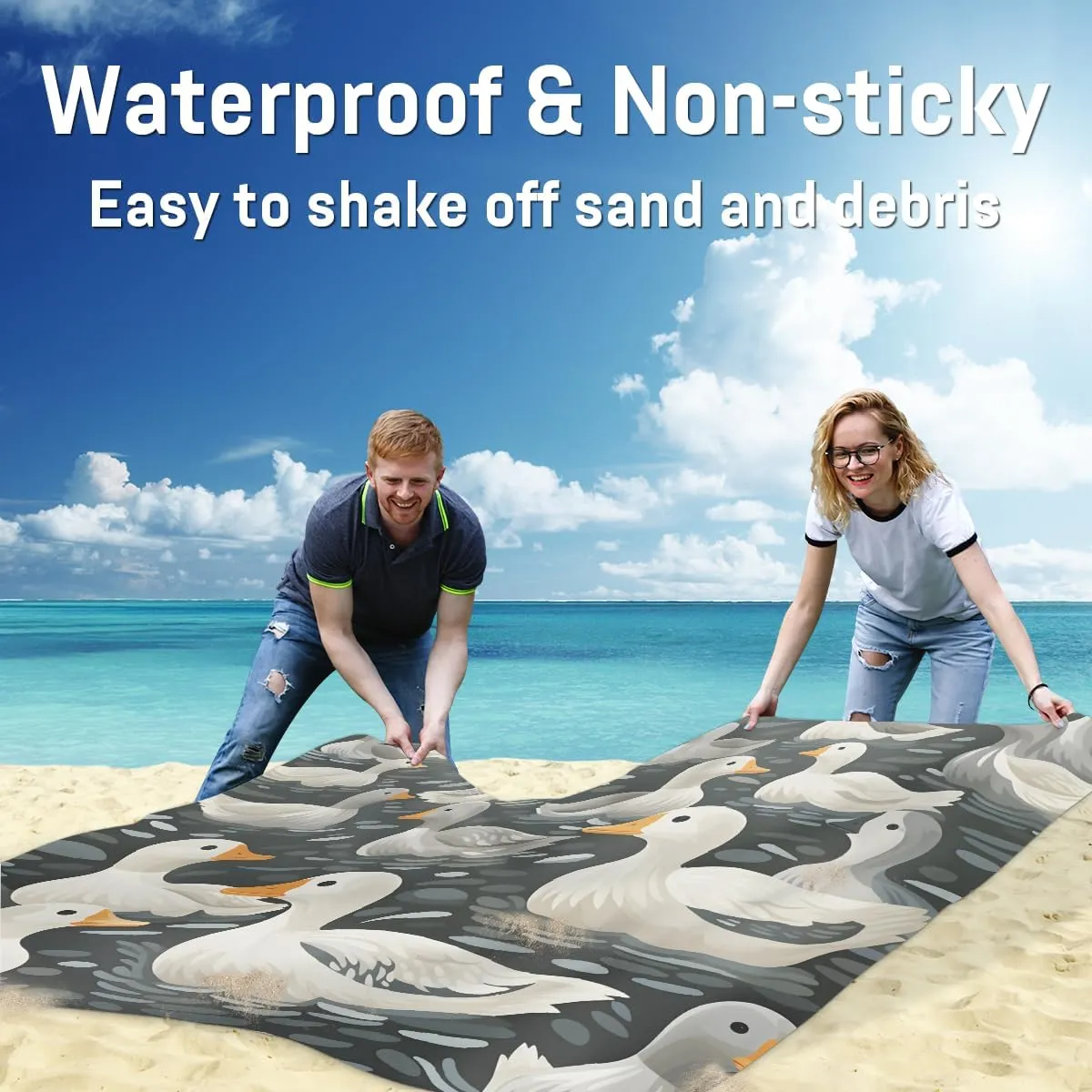 Beach Blanket, Duck Sandproof Beach Mat, Waterproof Quick Drying Sand Free Mat with 4 x Ground Spikes for Outdoor Travel Camping Hiking, Farmhouse Duck 68 x 59 in