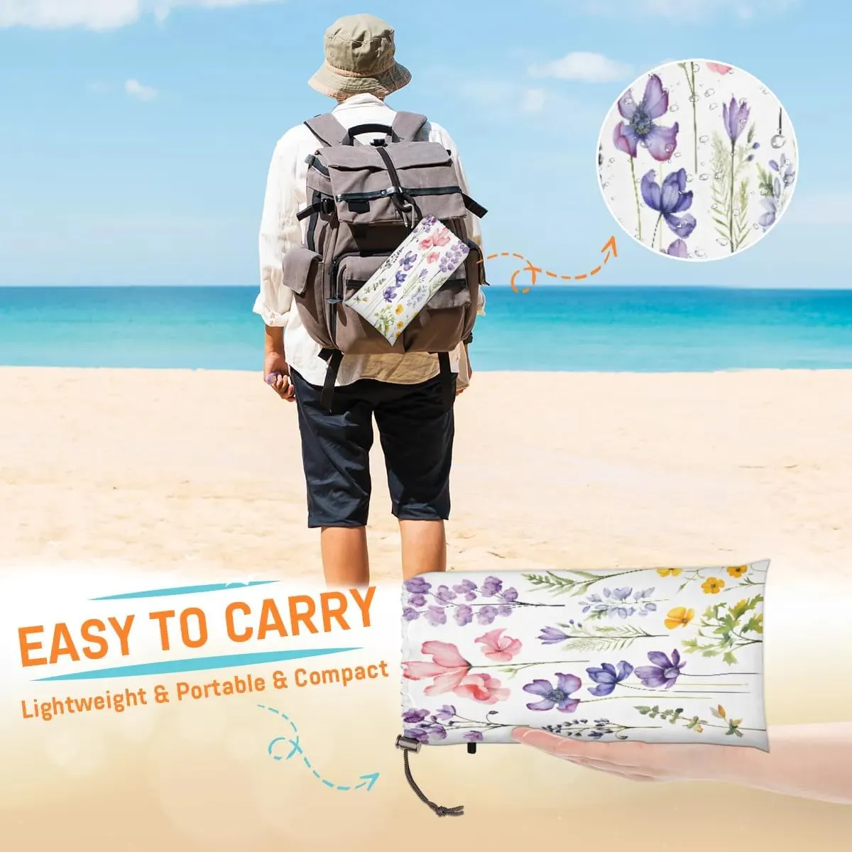 Beach Blanket, Flowers Florals Sandproof Beach Mat, Waterproof Quick Drying Sand Free Mat with 4 x Ground Spikes for Outdoor Travel Camping Hiking, Wildflowers Floral 68 x 59 in
