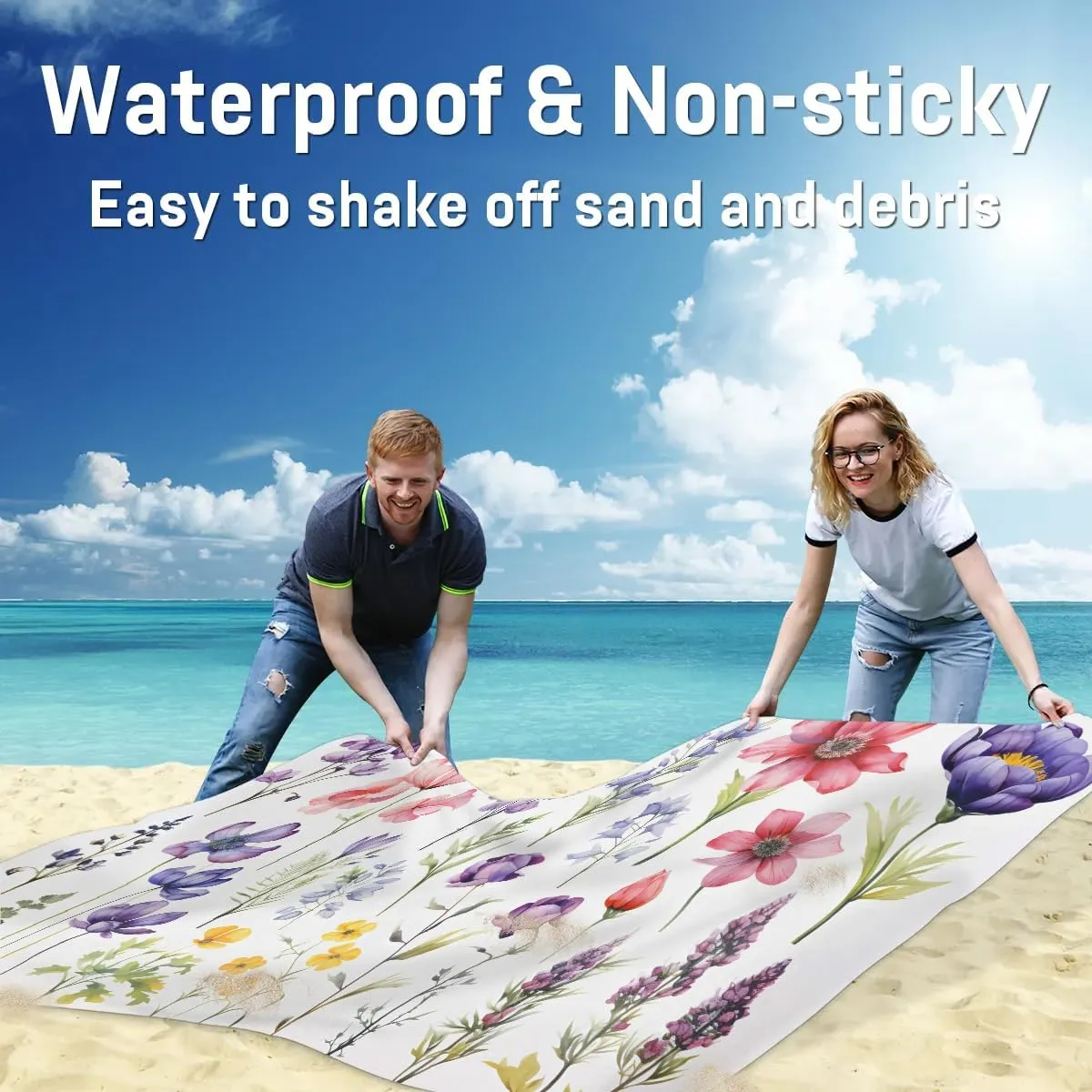 Beach Blanket, Flowers Florals Sandproof Beach Mat, Waterproof Quick Drying Sand Free Mat with 4 x Ground Spikes for Outdoor Travel Camping Hiking, Wildflowers Floral 68 x 59 in
