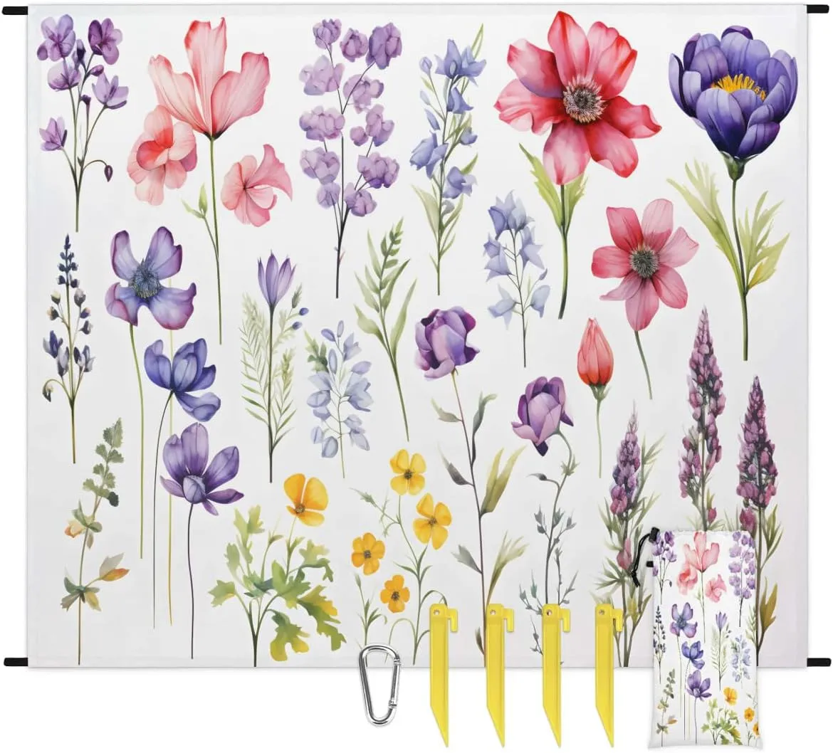 Beach Blanket, Flowers Florals Sandproof Beach Mat, Waterproof Quick Drying Sand Free Mat with 4 x Ground Spikes for Outdoor Travel Camping Hiking, Wildflowers Floral 68 x 59 in