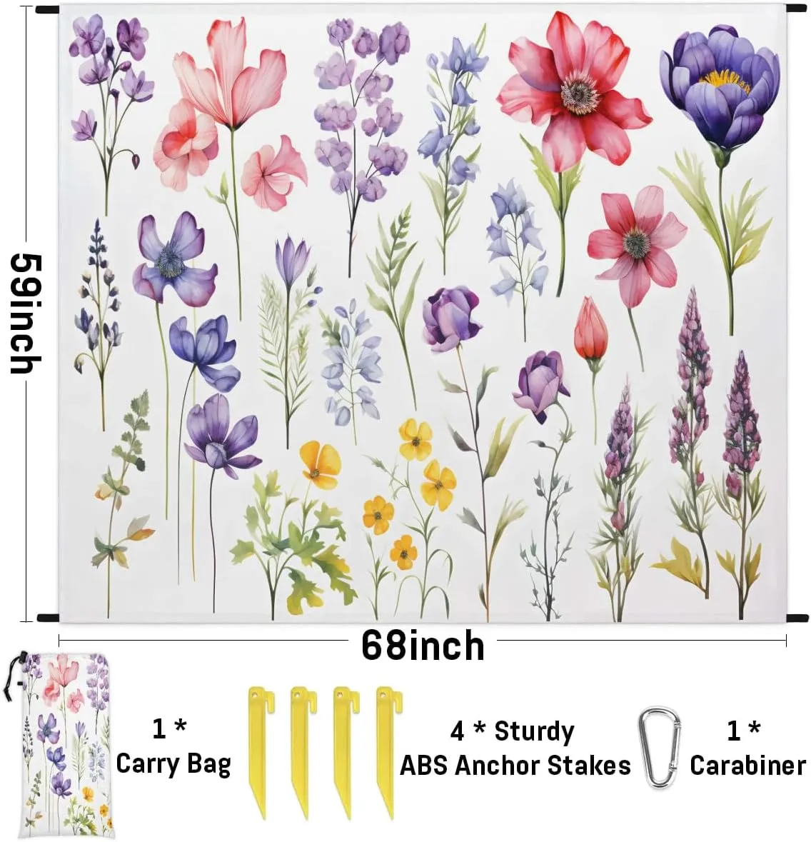 Beach Blanket, Flowers Florals Sandproof Beach Mat, Waterproof Quick Drying Sand Free Mat with 4 x Ground Spikes for Outdoor Travel Camping Hiking, Wildflowers Floral 68 x 59 in