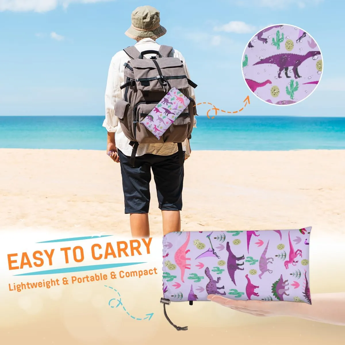 Beach Blanket, Funny Dinosaur Sandproof Beach Mat, Waterproof Quick Drying Sand Free Mat with 4 x Ground Spikes for Outdoor Travel Camping Hiking, Animals Dino 68 x 59 in