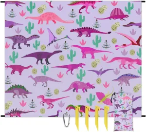 Beach Blanket, Funny Dinosaur Sandproof Beach Mat, Waterproof Quick Drying Sand Free Mat with 4 x Ground Spikes for Outdoor Travel Camping Hiking, Animals Dino 68 x 59 in