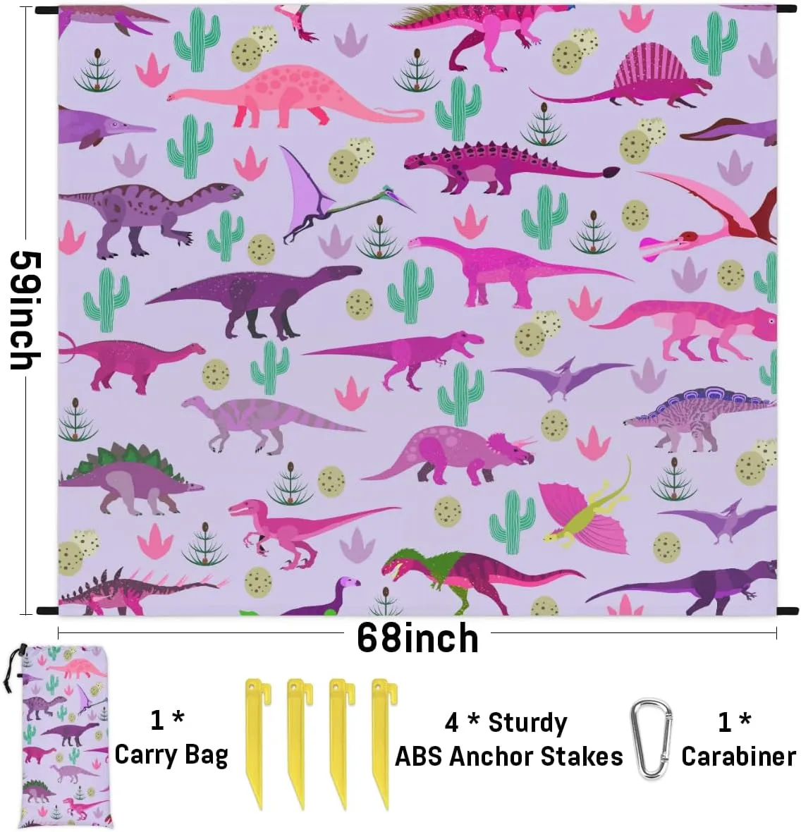 Beach Blanket, Funny Dinosaur Sandproof Beach Mat, Waterproof Quick Drying Sand Free Mat with 4 x Ground Spikes for Outdoor Travel Camping Hiking, Animals Dino 68 x 59 in
