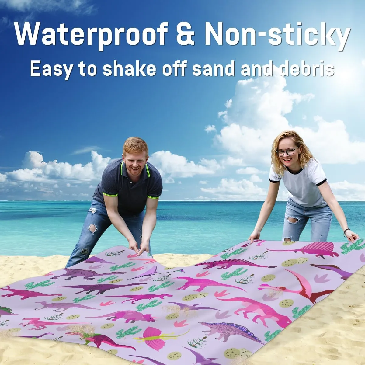 Beach Blanket, Funny Dinosaur Sandproof Beach Mat, Waterproof Quick Drying Sand Free Mat with 4 x Ground Spikes for Outdoor Travel Camping Hiking, Animals Dino 68 x 59 in
