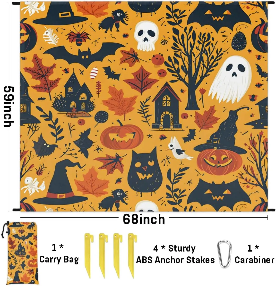 Beach Blanket, Halloween Sandproof Beach Mat, Waterproof Quick Drying Sand Free Mat with 4 x Ground Spikes for Outdoor Travel Camping Hiking, Pumpkin Boo Halloween 68 x 59 in