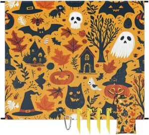 Beach Blanket, Halloween Sandproof Beach Mat, Waterproof Quick Drying Sand Free Mat with 4 x Ground Spikes for Outdoor Travel Camping Hiking, Pumpkin Boo Halloween 68 x 59 in