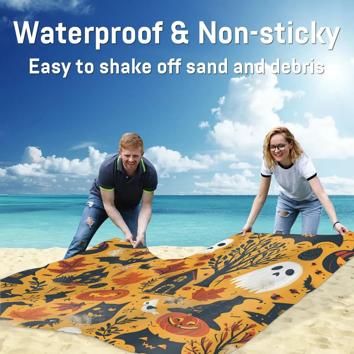 Beach Blanket, Halloween Sandproof Beach Mat, Waterproof Quick Drying Sand Free Mat with 4 x Ground Spikes for Outdoor Travel Camping Hiking, Pumpkin Boo Halloween 68 x 59 in