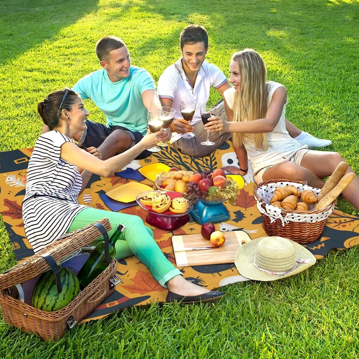 Beach Blanket, Halloween Sandproof Beach Mat, Waterproof Quick Drying Sand Free Mat with 4 x Ground Spikes for Outdoor Travel Camping Hiking, Pumpkin Boo Halloween 68 x 59 in